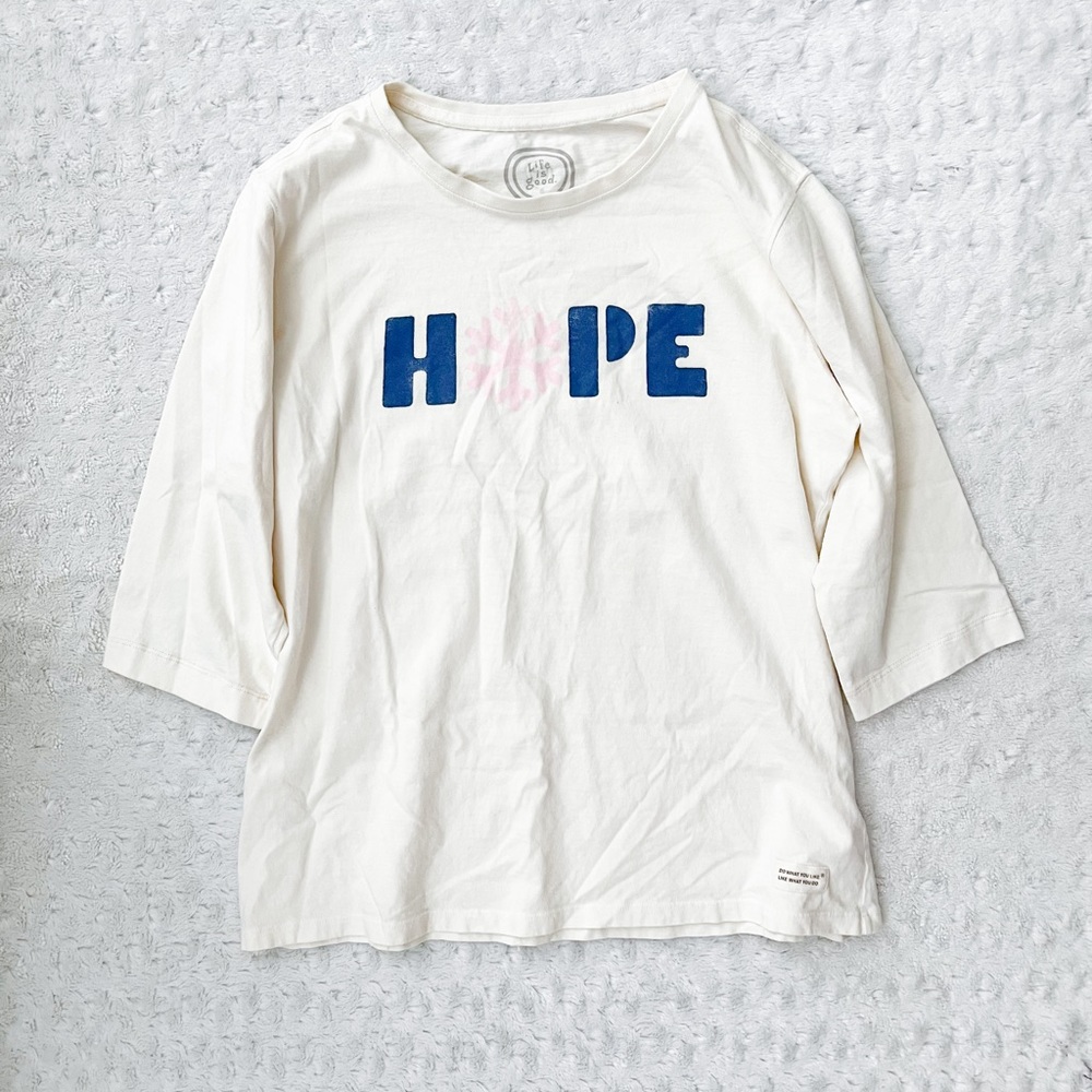 LIFE IS GOOD- never worn- HOPE Snowflake Holiday Graphic 3/4 Sleeved Tee Shirt